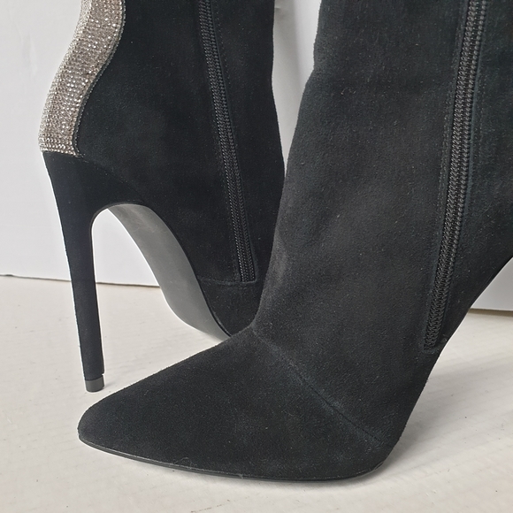 Steve Madden Wagu Black Suede Mid Calf Stiletto Booties w/ Rhinestone Back 7.5 - Picture 6 of 17